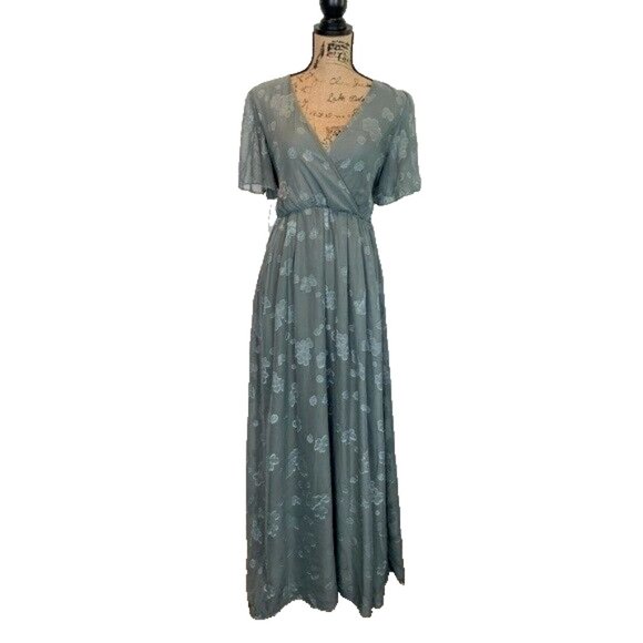 Baltic Born Floral Maxi Dress Chiffon Size Large V-Neck Coastal Sage Green - Picture 1 of 13